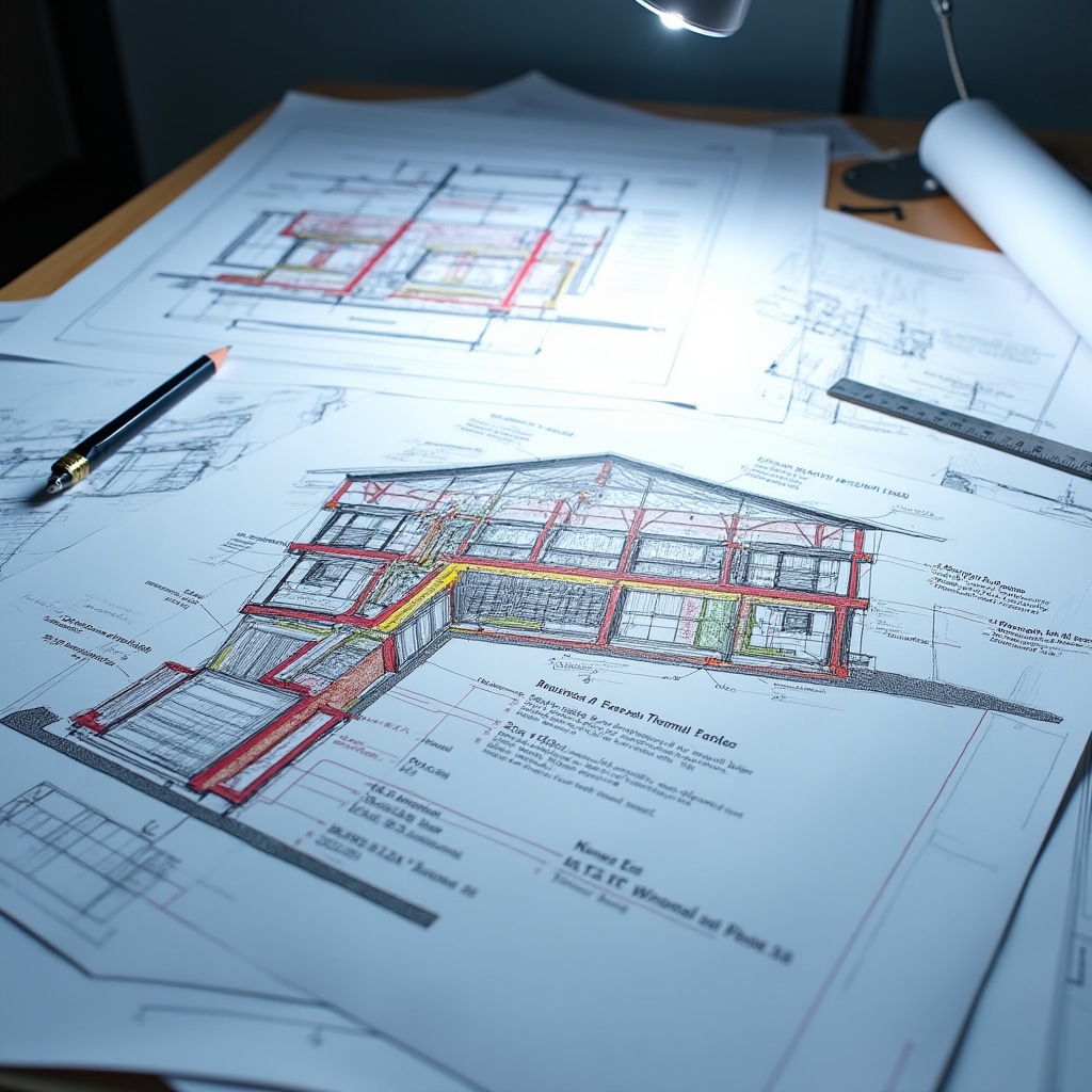 Architectural blueprints and technical drawings showing energy efficiency design elements and insulation specifications