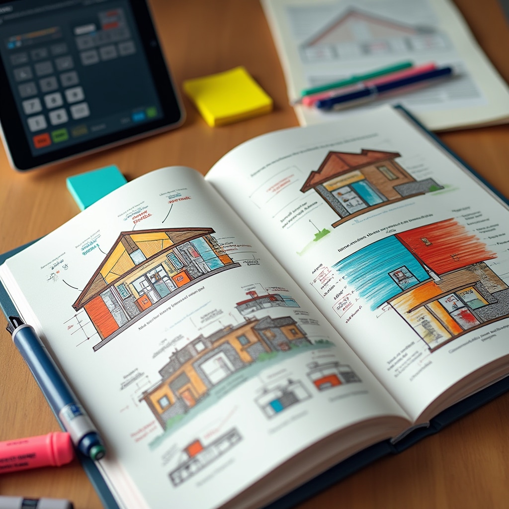 Educational guides and learning materials arranged with diagrams showing building energy concepts and thermal performance principles