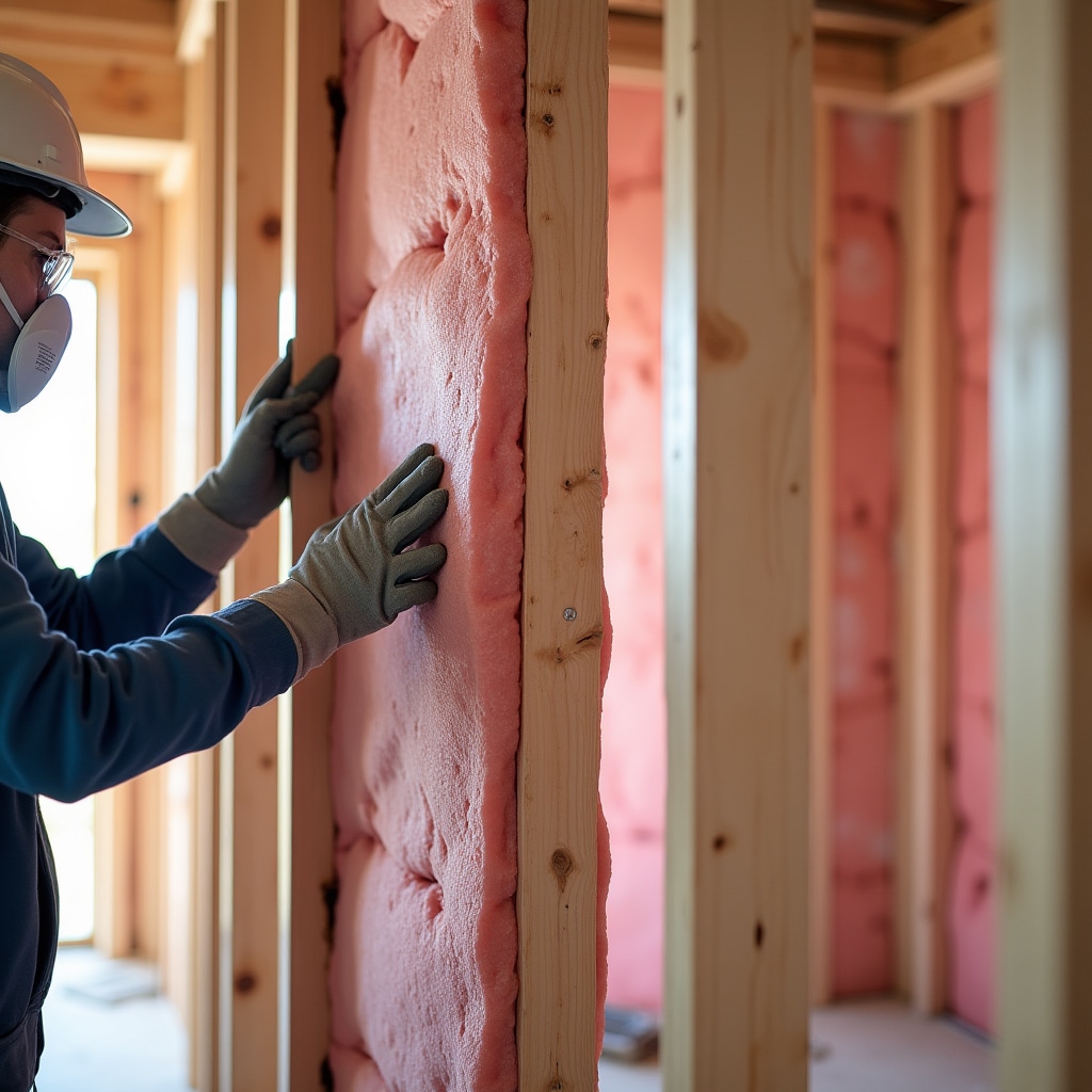 Professional installation of thermal insulation material in residential wall cavity during construction