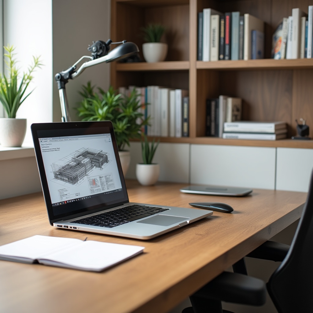 Clean professional workspace with laptop displaying technical documentation and research materials about building science