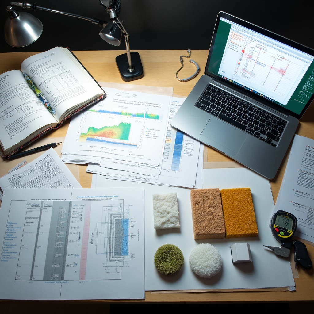 Technical documentation and reference materials spread across professional desk with measurement tools and specifications