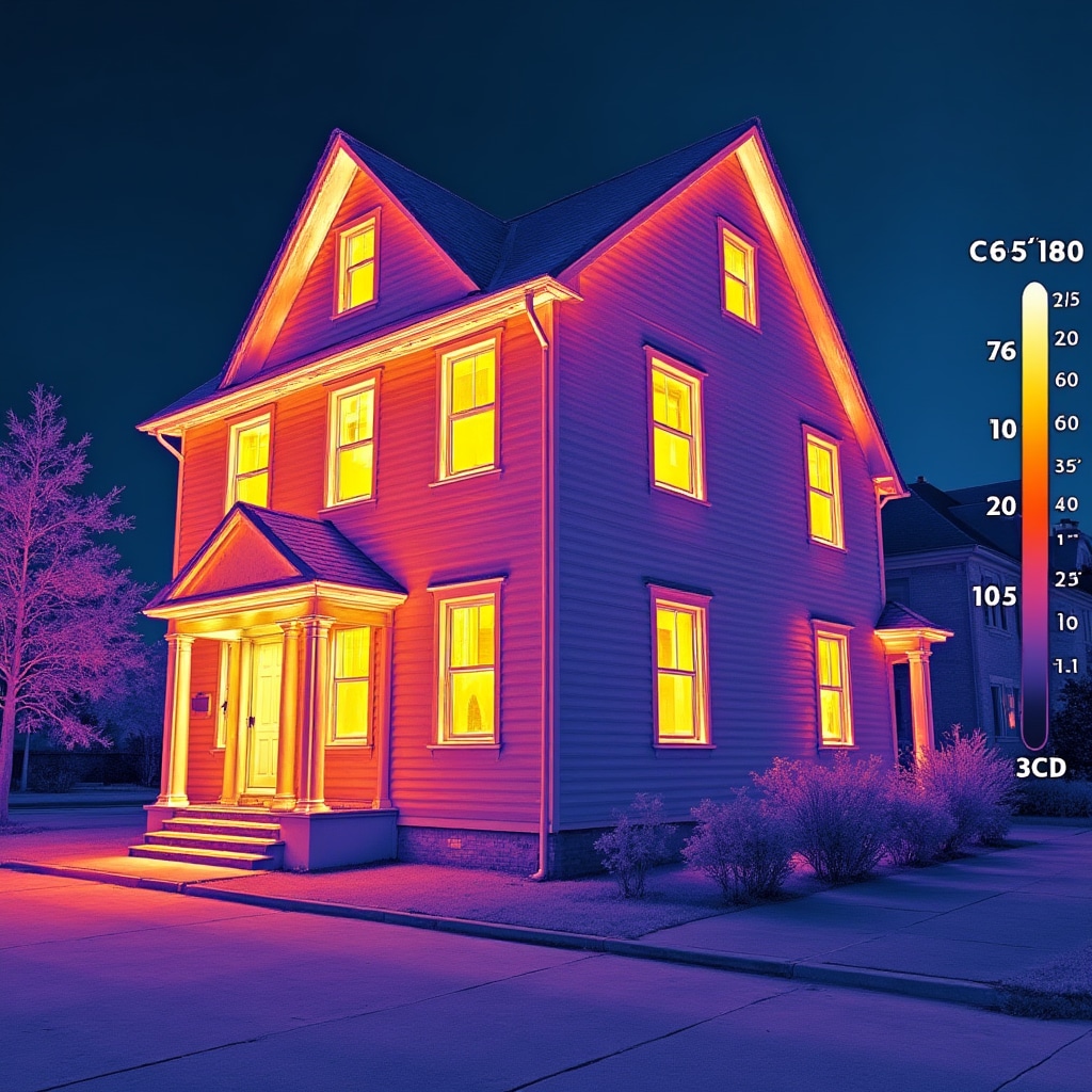 Thermal imaging camera view of residential building showing heat loss patterns through walls and windows