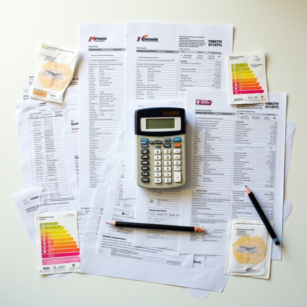 Monthly utility bills and calculator showing energy cost comparison between different efficiency ratings